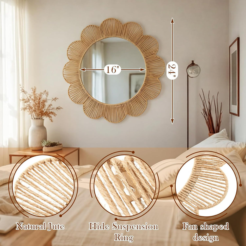 24-Inch Boho Scalloped Jute Wall Mirror