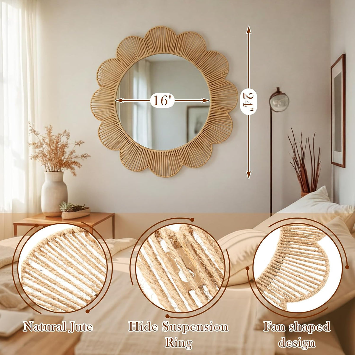 24-Inch Boho Scalloped Jute Wall Mirror