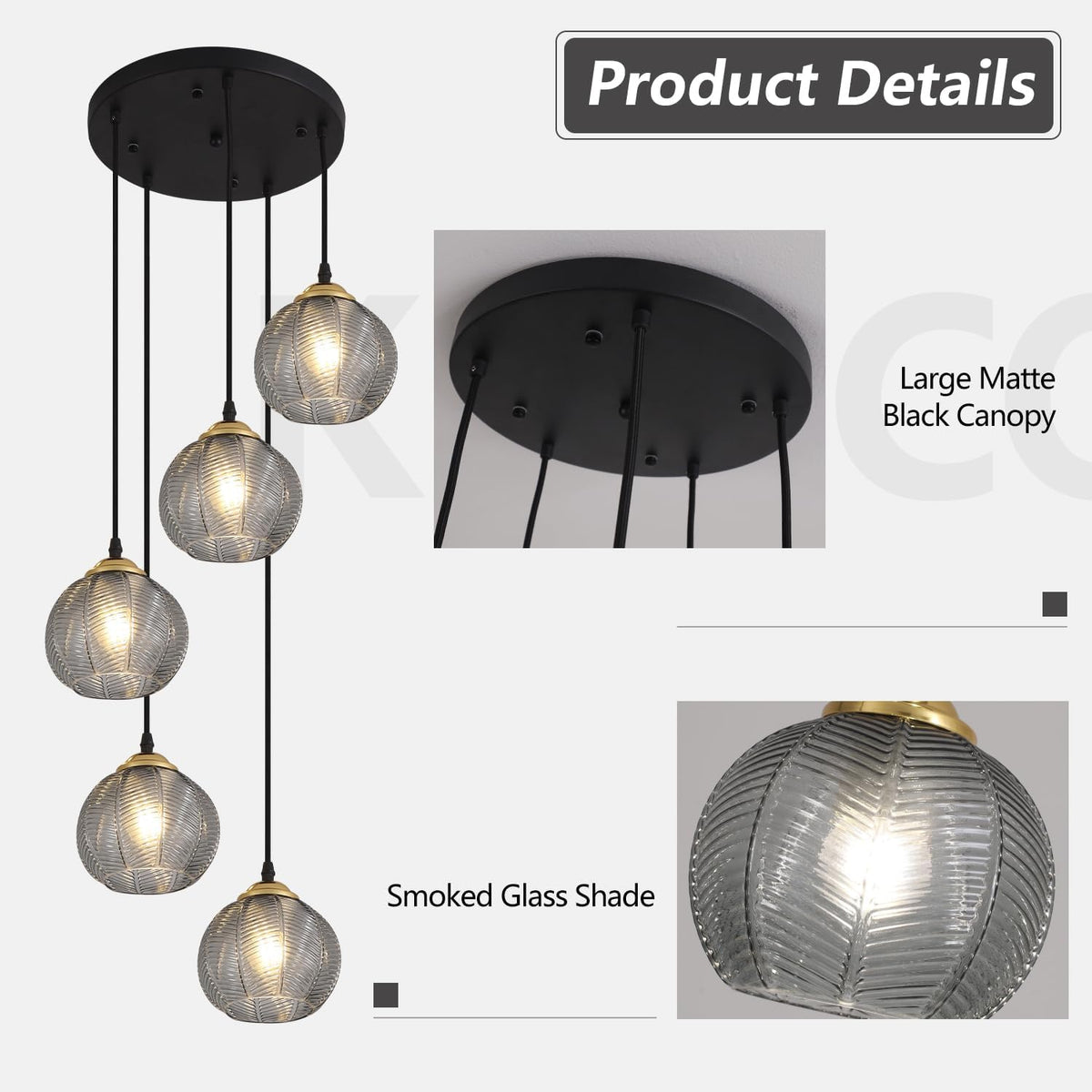 5-Light Smoked Glass Cluster Chandelier