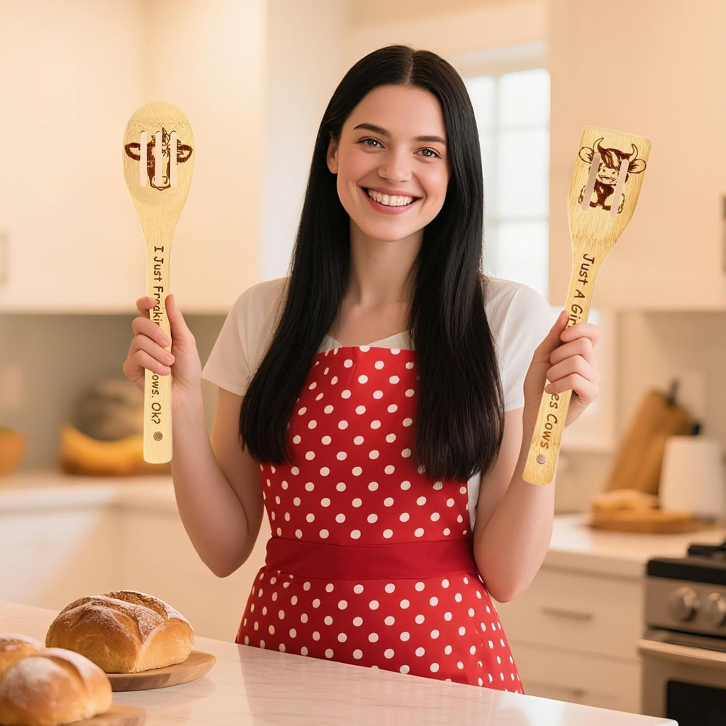 Highland Cow Bamboo Cooking Utensils – 5 Piece Set